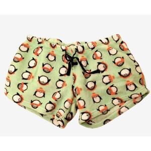 Rare‎ Emma Jordan Pajama Shorts Penguin Fleece M Green Fluffy Plush Lounge Boho